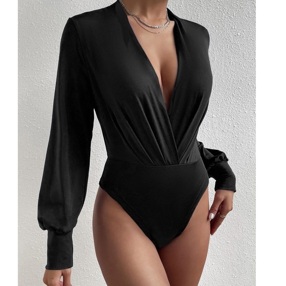 Luxe Black Plunging Neck Long Sleeve Bodysuit - Picture 7 of 7